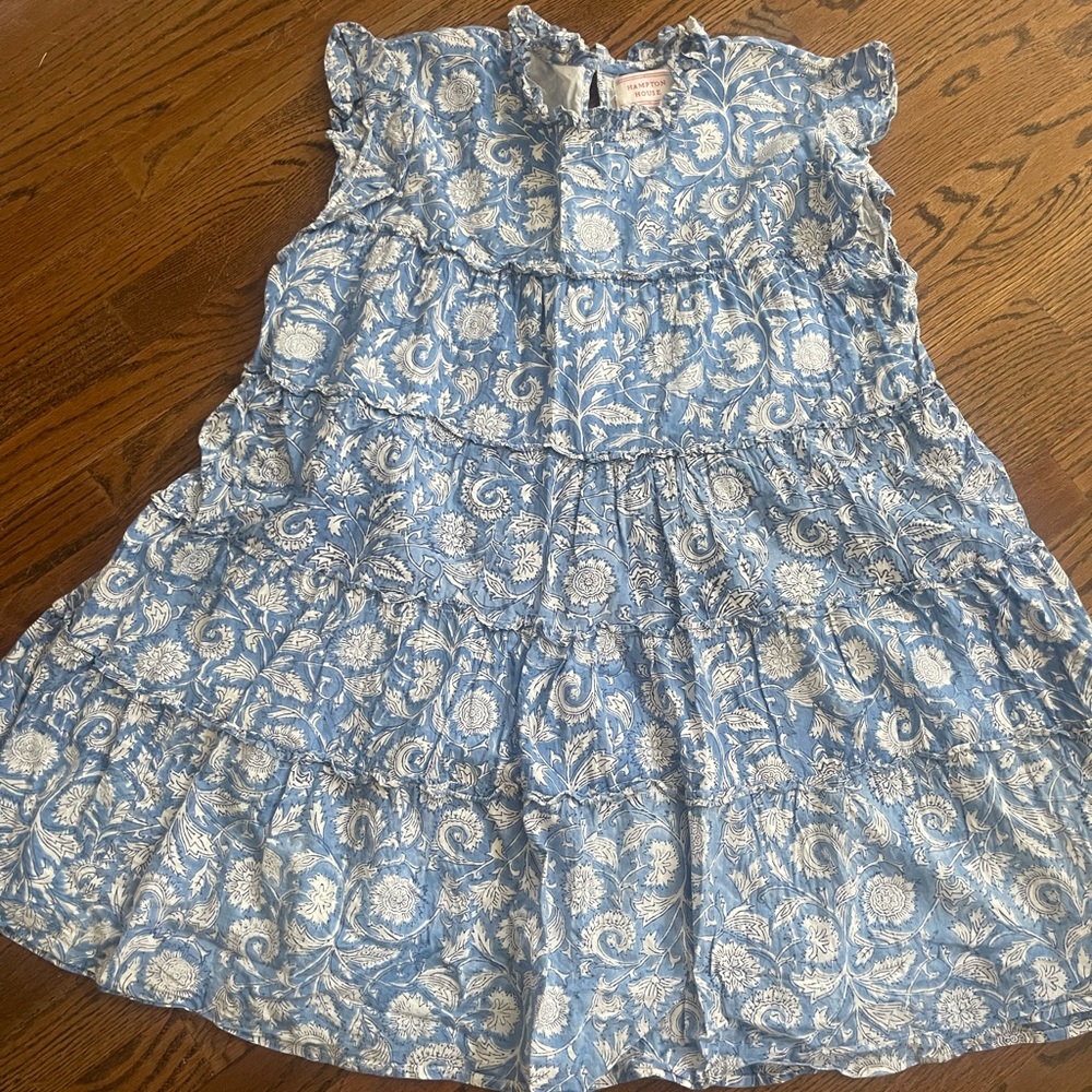 HAMPTON HOUSE Ruffle Block paisley blue and white Print Tiered short dress XL